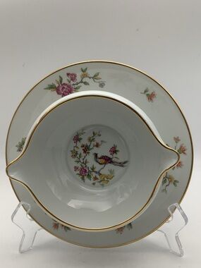 Limoges France Royal Chapus  Porcelain Sauce Boat with Floral & Bird Motif